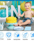 Smiling child with cake and Blue Hot Air Balloon Party Supplies Set For 24 Guests 120 Pcs Disposable Dinnerware.