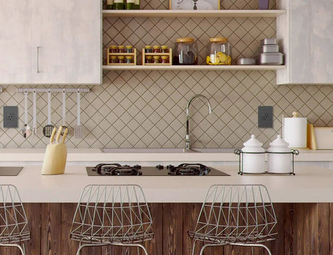 Modern kitchen with Tamper-Resistant 15A Outlet In Magnesium Finish 12 Pack For Home Renovations on tiled backsplash