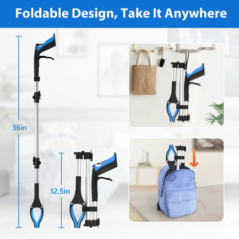 Amazon Grabber Reacher Tool, front view, 36-Inch foldable blue/black with anti-slip 360° jaw and magnetic tip.