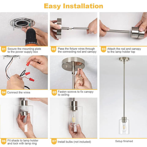 Step-by-step installation guide for Top Shelf Modern Farmhouse Brushed Nickel Pendant Lights With Clear Glass Shades And Adjustable Rods.
