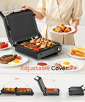 Svuineek 14 Inch Electric Indoor Grill With Panini Press Functionality 1600W Power cooking skewers, steak, and veggies on countertop.