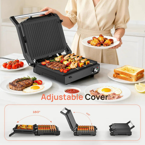 Svuineek 14 Inch Electric Indoor Grill With Panini Press Functionality 1600W Power cooking skewers, steak, and veggies on countertop.