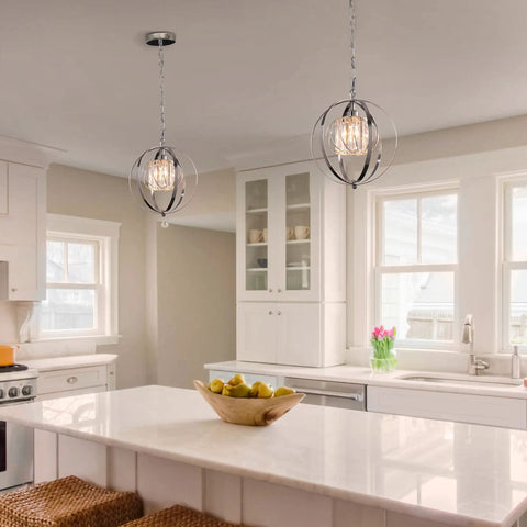 Kitchen with two Globe Industrial Pendant Light Fixtures With Crystal Accents And Vintage Farmhouse Style Height Adjustable Ceiling Lamps
