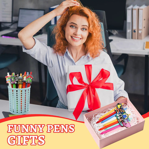 Smiling woman with gift box and 60 Piece Funny Pens Set For Adults with Positive Quotes and Quirky Graphics in office