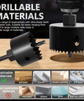 Front view: METOTY 14-piece hole saw kit with mandrel and accessories, 3/4–3 in (19–76 mm) for soft wood and PVC board