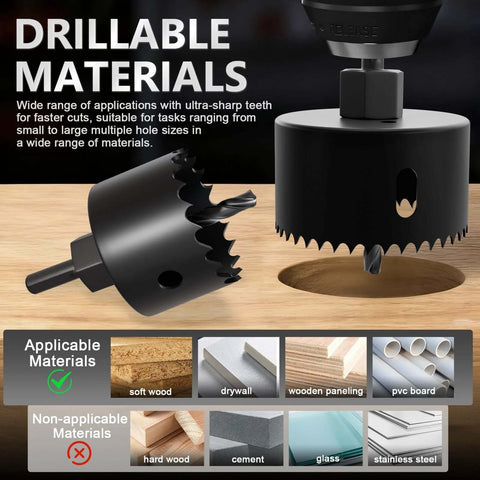 Front view: METOTY 14-piece hole saw kit with mandrel and accessories, 3/4–3 in (19–76 mm) for soft wood and PVC board