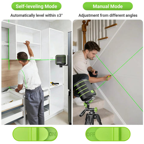 Self Leveling Laser Level Kit With 60 Inch Tripod For Precise Home Reno, Accurate To One Ninth Inch At 33 Feet, Easy Setup For Hanging Pictures, Installing Shelves, Aligning Cabinets, Tiling, Curtain Rods, And More U011G in self-leveling and manual mode