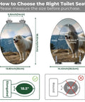 Elongated Toilet Seat Decorative Bathroom measuring 18.5 inches with a white dog graphic for compatibility guidance.