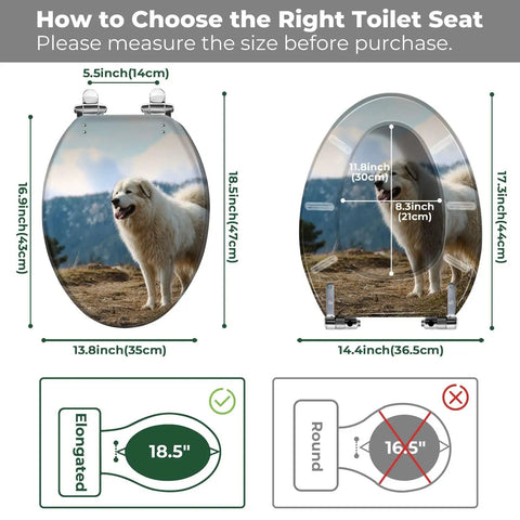 Elongated Toilet Seat Decorative Bathroom measuring 18.5 inches with a white dog graphic for compatibility guidance.