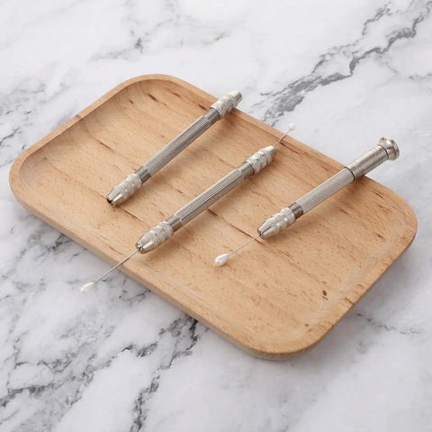 Top Shelf 3 Piece Pin Vise Set Featuring Double Ended Hand Drills With Solid Brass Chucks on a wooden tray.