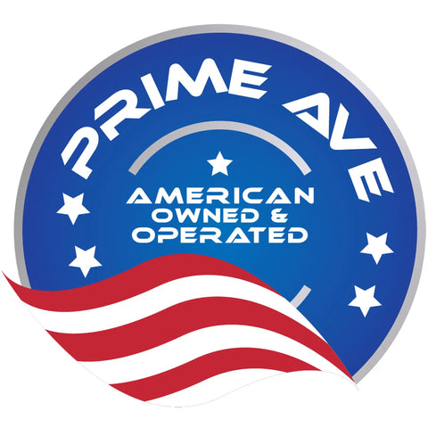 Logo with "Prime Ave American Owned & Operated" text and stars on a blue background with a waving American flag.