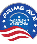 Prime Ave logo with American flag design, blue and white with stars, stating 'American Owned & Operated'.