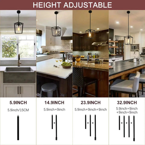 Dope Industrial Black Pendant Light 1 Light For Kitchen Island With Iron Cage Lantern And Clear Glass Shade height adjustable guide