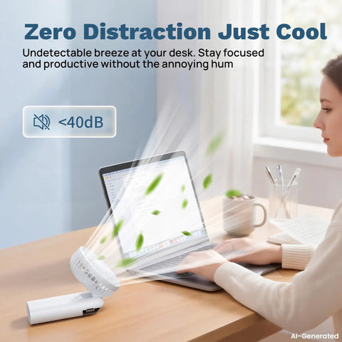 Person working with a Handheld USB Rechargeable Fan With 3000mAh Battery Portable Mini Personal Fan next to a laptop.