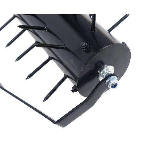 Close-up of Manual Lawn Aerator Rolling Tool With 58 Inch Handle, spiked black roller for soil aeration, side view.