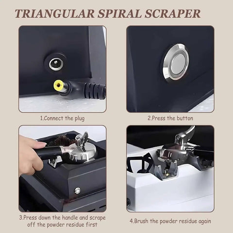 Rugged Electric Automatic Portafilter Coffee Grounds Cleaner And Espresso Knock Box With Generous Catch Tray for easy espresso puck cleaning steps.