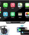 7 Inch Portable Wireless CarPlay Screen For Your Ride showing touchscreen interface with apps, camera, and connection icons.