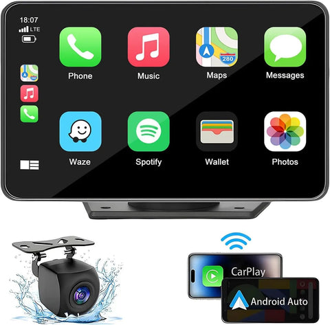 7 Inch Portable Wireless CarPlay Screen For Your Ride showing touchscreen interface with apps, camera, and connection icons.