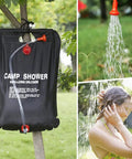 Large Capacity Solar Shower Bag 5 Gallons 20L for Camping outdoors in use with removable hose and on-off shower head. Perfect for beach.