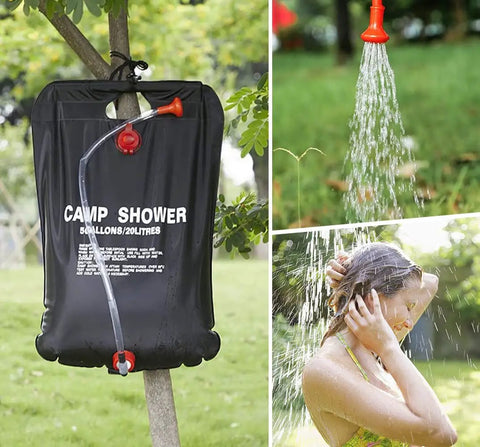 Large Capacity Solar Shower Bag 5 Gallons 20L for Camping outdoors in use with removable hose and on-off shower head. Perfect for beach.