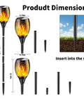 Outdoor Solar Torch Lights With Realistic Flickering Flames Adjustable Height 30.7 To 43 Inches Weatherproof Yard Path Torches Cordless Easy Setup Warm Ambient Glow For Nighttime Entertaining showing product dimensions and soil installation.