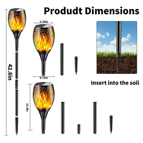 Outdoor Solar Torch Lights With Realistic Flickering Flames Adjustable Height 30.7 To 43 Inches Weatherproof Yard Path Torches Cordless Easy Setup Warm Ambient Glow For Nighttime Entertaining showing product dimensions and soil installation.