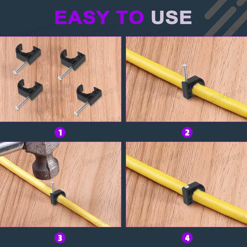 Black Half Clamp J Hook Nail Assortment Kit, 50 Pcs, Plastic Small J Clamps For PEX Tubing installation on wood surface
