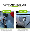 Before and after comparison of Transparent EV Charger Port Cover With Secure Adhesive Lid, waterproof shield protecting EV charging port.