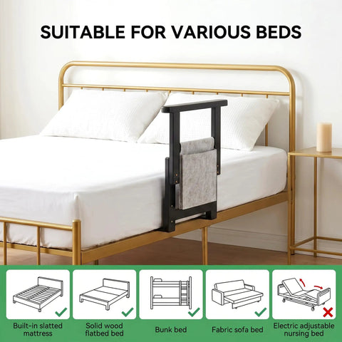 Adjustable Bed Rail For Seniors, Sturdy Grab Bar Supports Up To 300 Lbs, Black Bedside Safety Handle On Gold Bed Frame