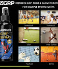 Anti Slip Grip Spray For Shoes And Sports Gear That Boosts Traction On Indoor Courts From Golf To Basketball And Volleyball, Restores Grip Tackiness And Improves Court And Sole Traction In A 120ml Bottle shown with sports illustrations.