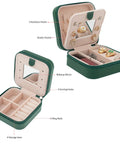 Green Compact Travel Jewelry Case With Mirror Portable Jewelry Box Organizer for Girls and Women with 6 Ring Rolls and 3 Necklace Clasps