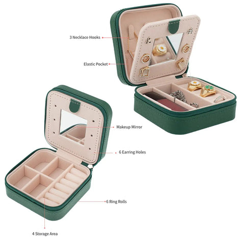 Green Compact Travel Jewelry Case With Mirror Portable Jewelry Box Organizer for Girls and Women with 6 Ring Rolls and 3 Necklace Clasps