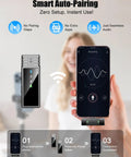 Smart auto-pairing of Go To Studio Quality Wireless Lavalier Microphone For iPhone And Android All Day 24H Charging Case Noise Reduction USB C Plug And Play Clip Mic For Video Recording YouTube TikTok Podcast Vlog with smartphone display illustrating audio recording setup