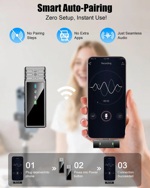 Smart auto-pairing of Go To Studio Quality Wireless Lavalier Microphone For iPhone And Android All Day 24H Charging Case Noise Reduction USB C Plug And Play Clip Mic For Video Recording YouTube TikTok Podcast Vlog with smartphone display illustrating audio recording setup