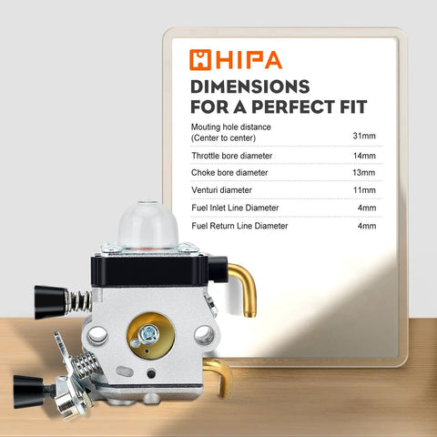 FS80R Carburetor Upgrade For STHIL String Trimmers And Hedge Tools shown with dimensions on a display card