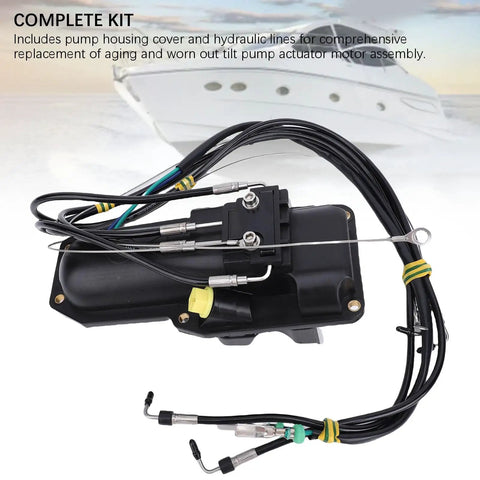 No Fuss Direct Drop In Power Trim Actuator Motor Assembly Straight Swap Upgrade For Mercury Sterndrive Engines with hoses and housing.
