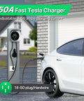 Tesla Level 2 50A EV Charger With NACS Connector Smart App Control charging white Tesla at home.