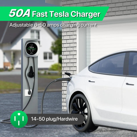 Tesla Level 2 50A EV Charger With NACS Connector Smart App Control charging white Tesla at home.