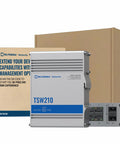 Industrial Unmanaged Gigabit Ethernet Switch with eight RJ45 ports and two SFP fiber ports up to 1 Gbps, box packaging.