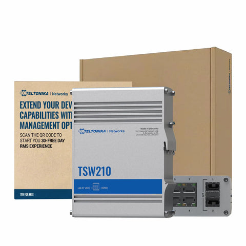 Industrial Unmanaged Gigabit Ethernet Switch with eight RJ45 ports and two SFP fiber ports up to 1 Gbps, box packaging.
