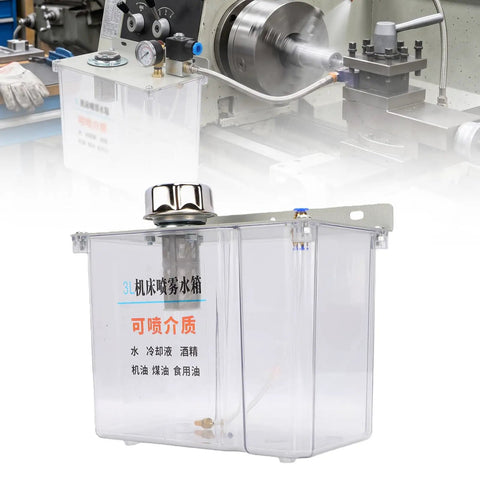 Heavy Duty Machine Tool Coolant Sprayer Featuring A Tough 3L Tank And Quick Solenoid Valve with transparent tank and attached tubing.