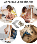 Collage showing Stainless Steel L Shaped Corner Bracket For Furniture Fixing with screws, used in various DIY applications.