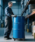 55-gallon drum dolly with four swivel casters and brakes, black base supporting a blue drum