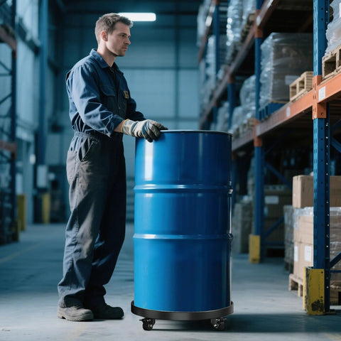 55-gallon drum dolly with four swivel casters and brakes, black base supporting a blue drum