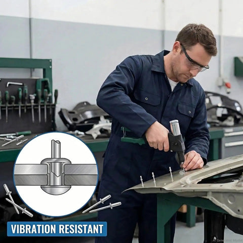Technician using 630-Piece Pop Rivets Assortment Kit With Aluminum Blind Rivets And Steel Mandrel on metal sheet, vibration resistant