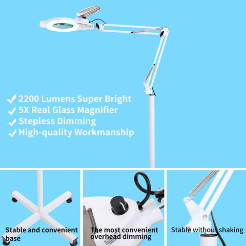 Ultra Bright 5X Magnifying Floor Lamp With Rolling Base, 2200 Lumens LED Glass Lens Magnifier, Adjustable Stand And Swivel Arm