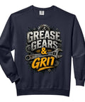 Heavy Duty Mechanic Sweatshirt With Grease Gears And Grit Design, navy cotton pullover hoodie for equipment operators.