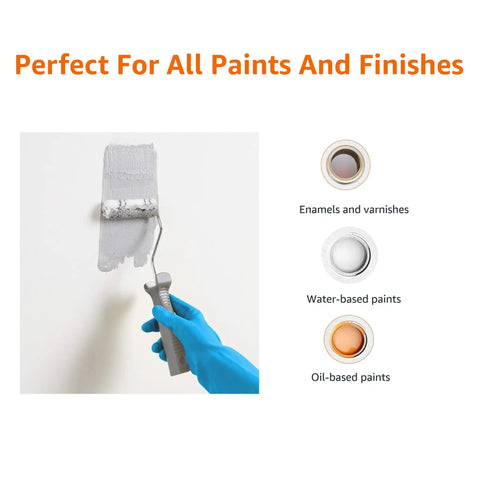 Using 4-inch microfiber paint roller cover ideal for all paints and stains on smooth surface, showcasing shedless even coverage.