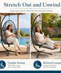 Woman relaxing on Comfy Hanging Egg Chair With Leg Rest And Stand In Gray, Rattan Wicker Swing Hammock on patio