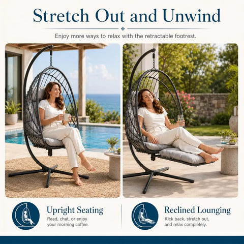 Woman relaxing on Comfy Hanging Egg Chair With Leg Rest And Stand In Gray, Rattan Wicker Swing Hammock on patio